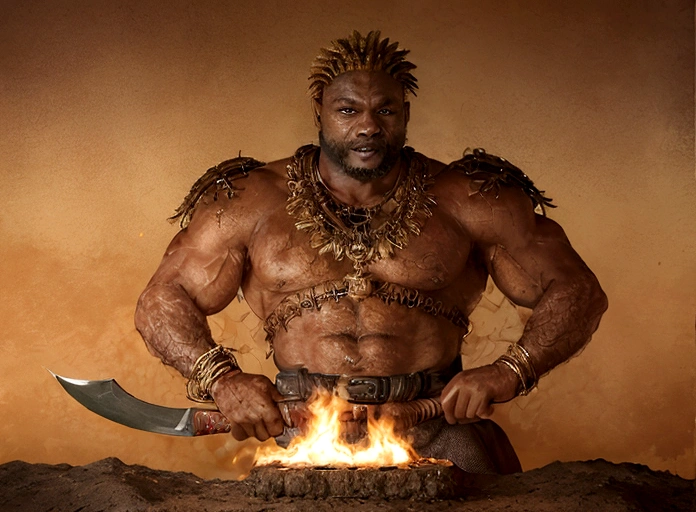((Intricate details))), (((highest quality))), (((extreme attention to detail))), (((complex composition))). African god, king of fire warriors, in his hands an ax with two blades, finely crafted despite the rustic and suspenseful atmosphere. attack position in a violent war, Incorporate a dark color palette with subtle touches of red to highlight key features. Calls around your body Emulate the mysterious atmosphere of cinematic light.