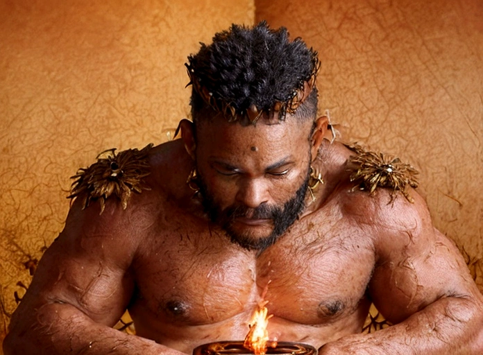 ((Intricate details))), (((highest quality))), (((extreme attention to detail))), (((complex composition))). African god, king of fire warriors, in his hands an ax with two blades, finely crafted despite the rustic and suspenseful atmosphere. attack position in a violent war, Incorporate a dark color palette with subtle touches of red to highlight key features. Calls around your body Emulate the mysterious atmosphere of cinematic light.