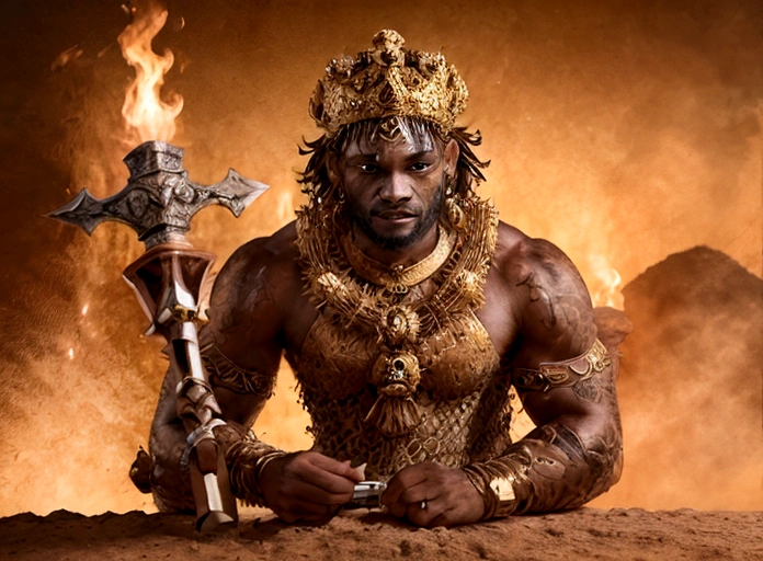 ((Intricate details))), (((highest quality))), (((extreme attention to detail))), (((complex composition))). African god, king of fire warriors, in his hands an ax with two blades, finely crafted despite the rustic and suspenseful atmosphere. attack position in a violent war, Incorporate a dark color palette with subtle touches of red to highlight key features. Calls around your body Emulate the mysterious atmosphere of cinematic light.