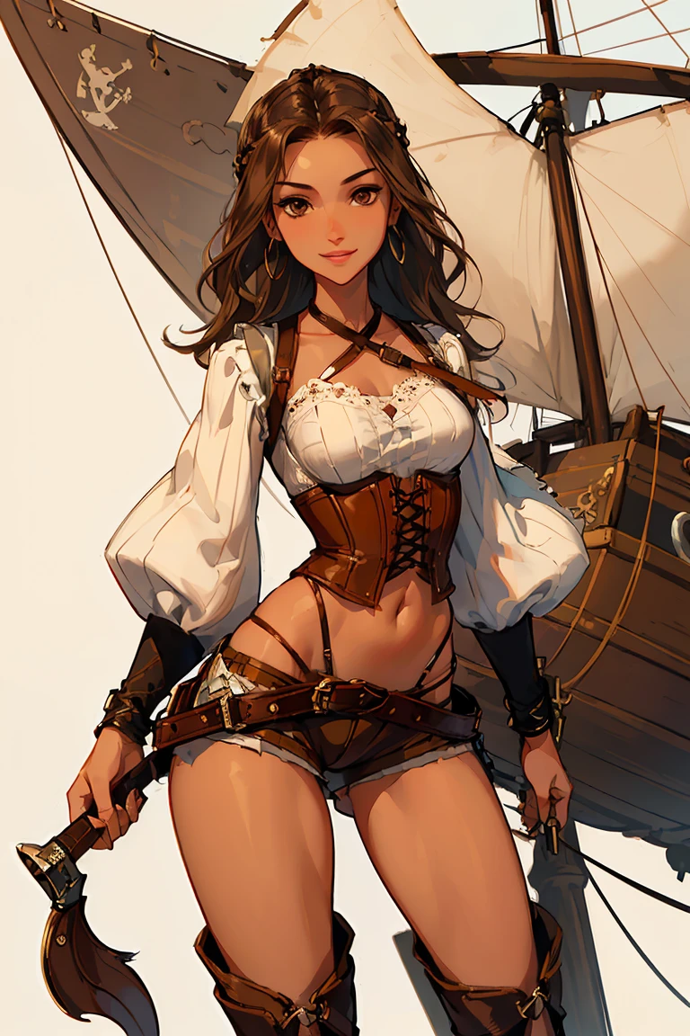 (masterpiece), best quality, expressive eyes, perfect face, (pirate ship background), (standing), (smirk), (closeup view), (1girl,white girl, tanned skin, brown hair, wavy hairstyle, brown eyes, hourglass figure, thin body, skinny body, petite_body, small breasts, thick thighs, long fingernails, brown plaid head wrap, white front lace blouse, long sleeve, loose fit, brown leather corset, brown leather shorts, brown boots, sheathed cutlass sword, flintlock pistol in holster, hoop earrings, miscellaneous jewelry)