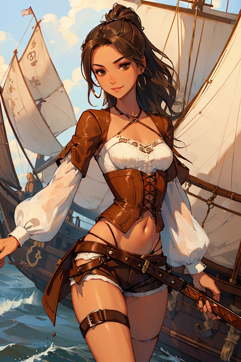 (masterpiece), best quality, expressive eyes, perfect face, (pirate ship background), (standing), (smirk), (closeup view), (1girl,white girl, tanned skin, brown hair, wavy hairstyle, brown eyes, hourglass figure, thin body, skinny body, petite_body, small breasts, thick thighs, long fingernails, brown plaid head wrap, white front lace blouse, long sleeve, loose fit, brown leather corset, brown leather shorts, brown boots, sheathed cutlass sword, flintlock pistol in holster, hoop earrings, miscellaneous jewelry)