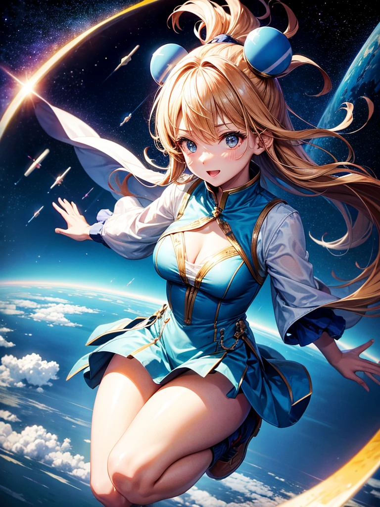Highest quality,Highest Resolution,Beautiful girl flying in space,Big earth in the background,