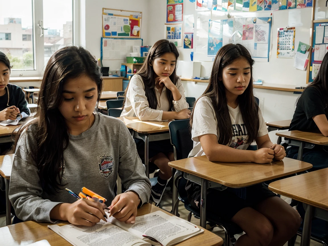 students sitting in a classroom with their hands on their desks, college students, studying in a brightly lit room, reddit post, test, student, by Jang Seung-eop, full subject, high school, extremely intricate, ap, in a classroom, pakistan, an illustration, sitting in the classroom, thought-provoking, school class, foto, very complex