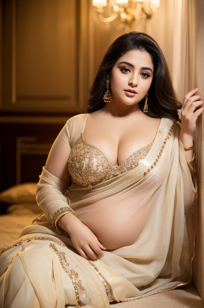 1 girl, beautiful detailed eyes, beautiful detailed lips, extremely detailed eyes and face, long eyelashes, heavenly beautiful, goddess-like beauty, cute and sweet looking face, arabic woman, overweight, extremely fat, chubby figure, luxurious style saree, reaching out, high resolution, 16k, masterpiece, highest quality, fine skin, close up figure view, realistic photograph, tetona culona sexy, in front of quebec city, canada