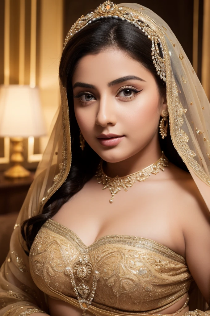 1 girl, beautiful detailed eyes, beautiful detailed lips, extremely detailed eyes and face, long eyelashes, heavenly beautiful, goddess-like beauty, cute and sweet looking face, arabic woman, overweight, extremely fat, chubby figure, luxurious style saree, reaching out, high resolution, 16k, masterpiece, highest quality, fine skin, close up figure view, realistic photograph, tetona culona sexy, in front of quebec city, canada