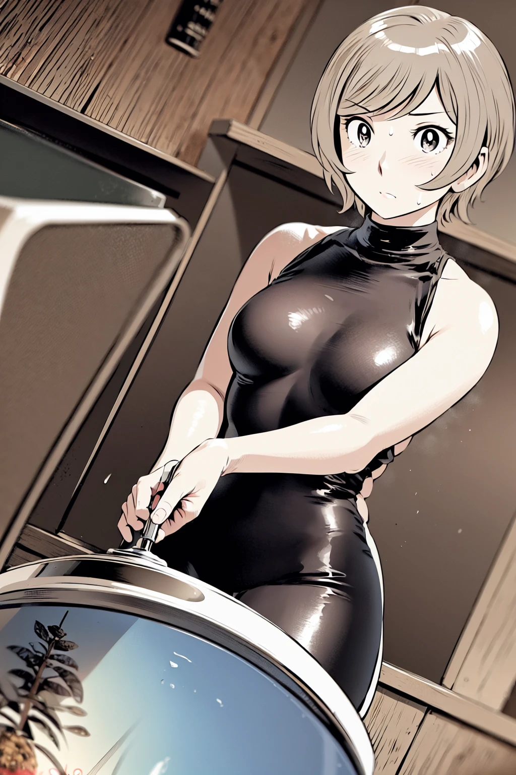 、(masterpiece、Highest quality)、Highest quality, Ultra-high resolution, (((masterpiece))), alone, Sweat、Big eyes, Please show me your armpits, No sleeve、Outdoor、Floral dress、Composition from the front、(Cut the back hair short、short hair、blonde、woman)、Shortcuts、Embarrassed face、Cut your hair short、可愛いwomanの子、Big Breasts