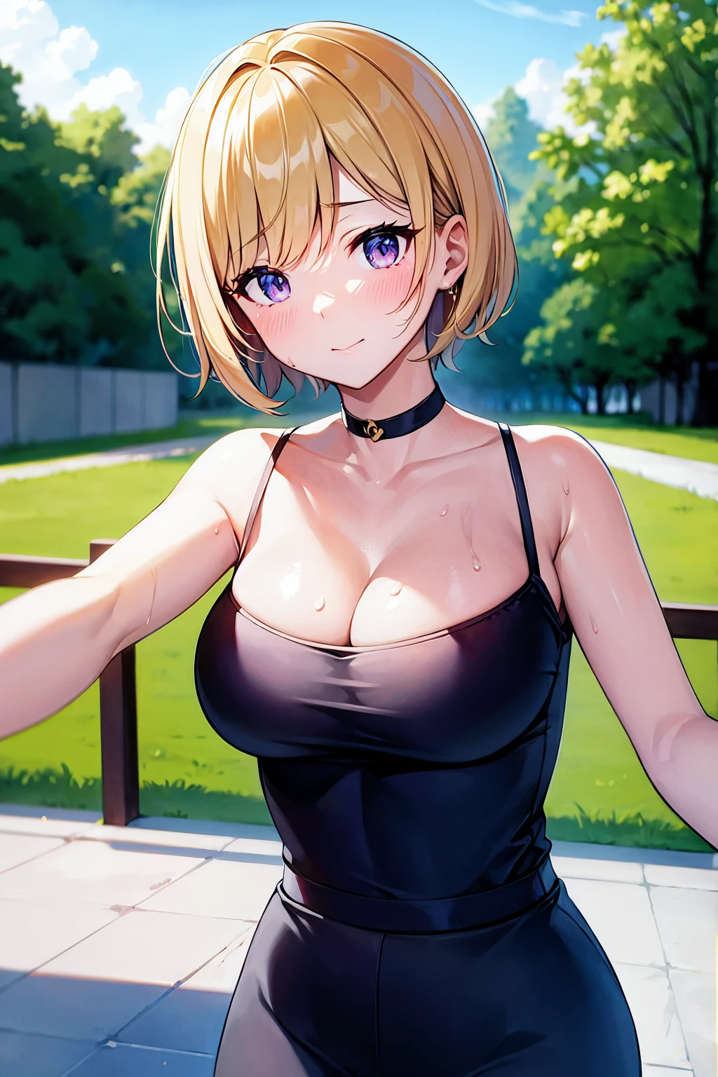 、(masterpiece、Highest quality)、Highest quality, Ultra-high resolution, (((masterpiece))), alone, Sweat、Big eyes, Please show me your armpits, No sleeve、Outdoor、Floral dress、Composition from the front、(Cut the back hair short、short hair、blonde、woman)、Shortcuts、Embarrassed face、Cut your hair short、可愛いwomanの子、Big Breasts