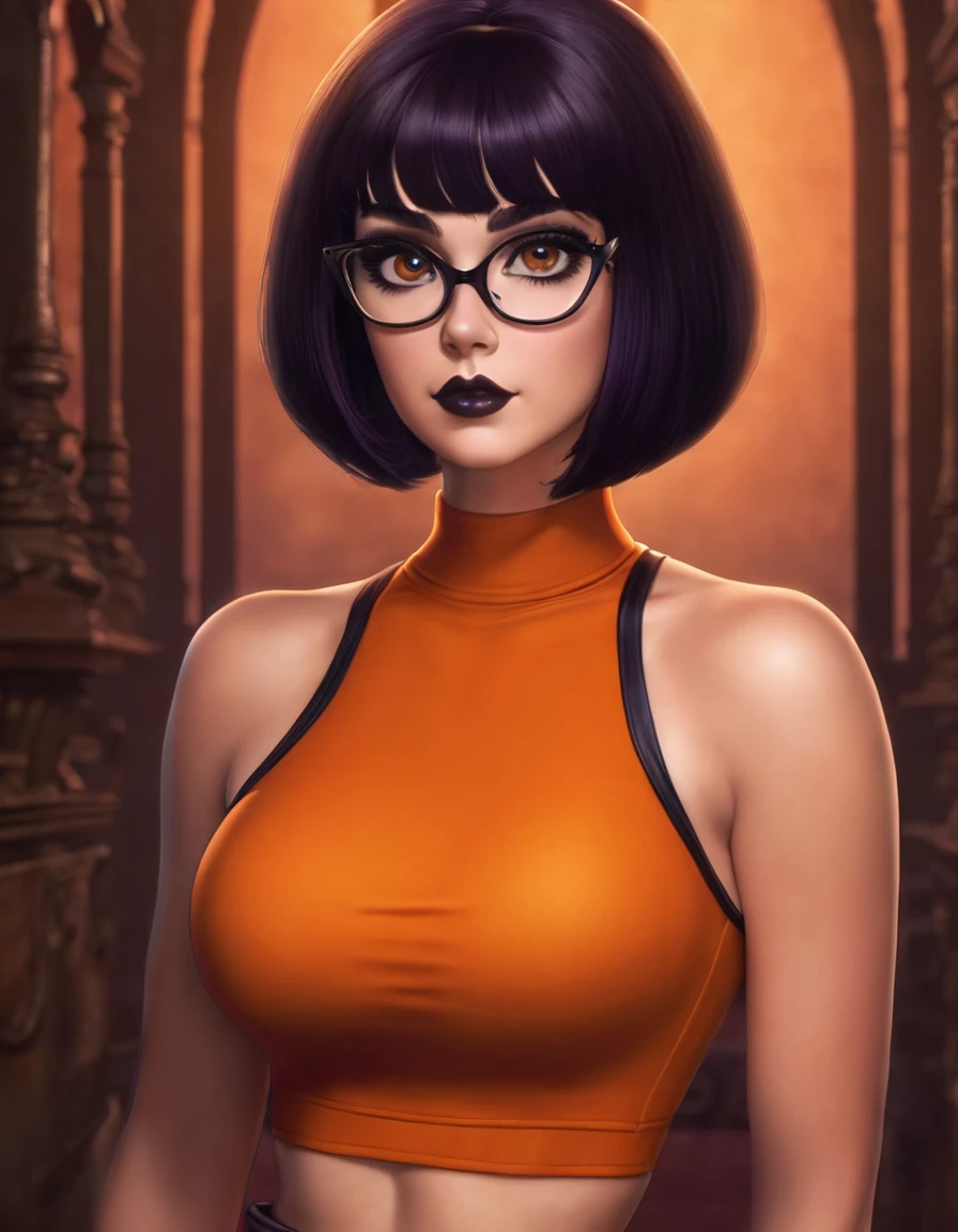 Masterpiece, detailed,velma from scooby-doo, beautiful charismatic girl, showing piercing, athletic body, a woman an orange top, gorgeous figure, interesting shapes, full body shot, goth style, dark eye, in the style of jessica drossin