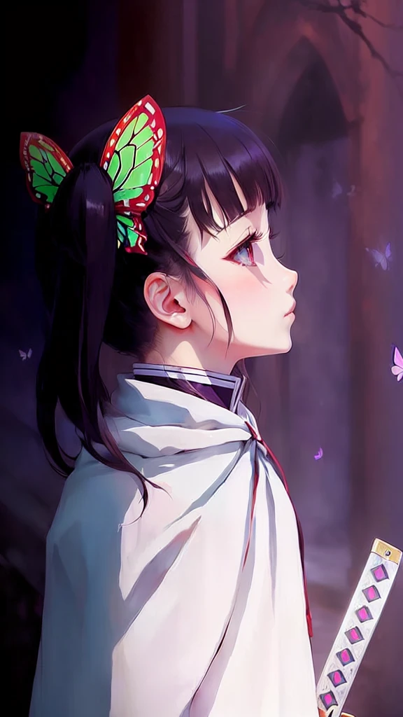 anime girl with a butterfly on her head holding a knife, anime visual of a young woman, shuushuu anime image, official art, anime visual of a cute girl, with purple eyes demon slayer rui fanart, profile of anime girl, kanao tysurie, close up of a young anime girl, shalltear from overlord, close up iwakura lain
