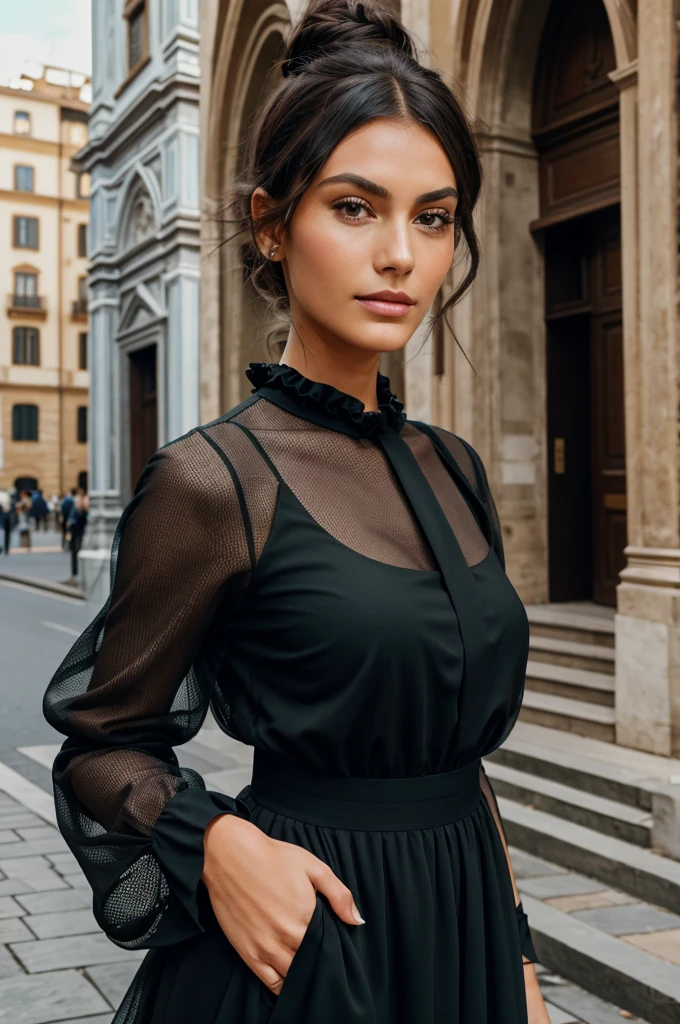 Florence Cathedral: A charming lady with light brown skin, dark eyes, and sleek black hair tied in a bun stands in front of the Florence Cathedral. She wears a Mesh Ruffle Green Maxi Dress , her face displaying a thoughtful expression with arched eyebrows and natural pink lips, aesthetic , minimalistic, hyper realistic, cinematic, super realistic, 8k quality, HD quality, super detailed , ultra detailed, minimalist