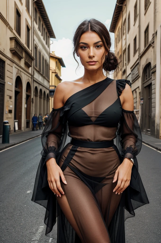 Florence Cathedral: A charming lady with light brown skin, dark eyes, and sleek black hair tied in a bun stands in front of the Florence Cathedral. She wears a Mesh Ruffle Green Maxi Dress , her face displaying a thoughtful expression with arched eyebrows and natural pink lips, aesthetic , minimalistic, hyper realistic, cinematic, super realistic, 8k quality, HD quality, super detailed , ultra detailed, minimalist