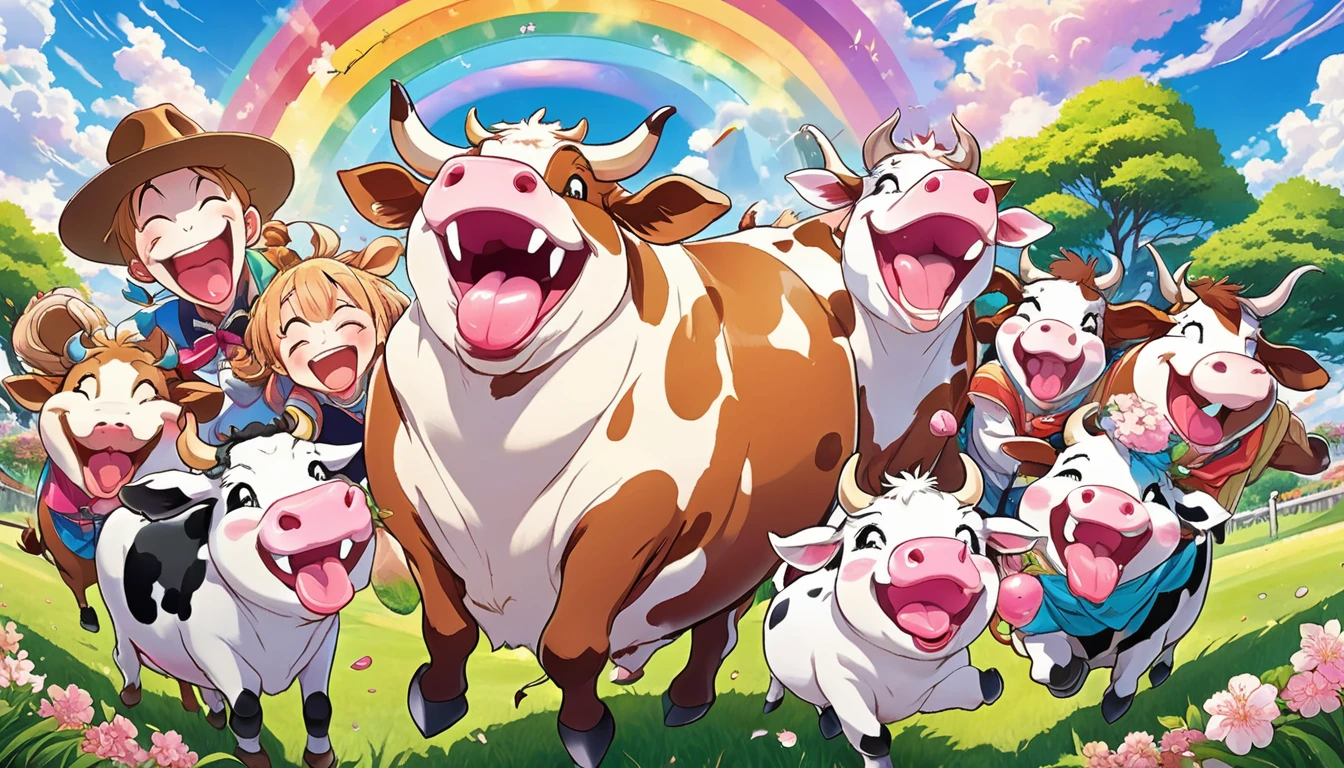 A vibrant and humorous scene with a group of laughing anime-style characters surrounding a comically exaggerated cow with spiraled eyes and a large, drooling tongue. The characters display various expressions of amusement, some pointing and laughing, others covering their mouths. The background features a bright, colorful sky with radiant sun rays, blossoming cherry trees, and a rainbow. The setting appears to be a park or outdoor area with lush green grass. The characters wear casual modern clothing, with vivid colors and detailed textures. The overall style is highly saturated, energetic, and cartoonish, capturing a fun and playful atmosphere.