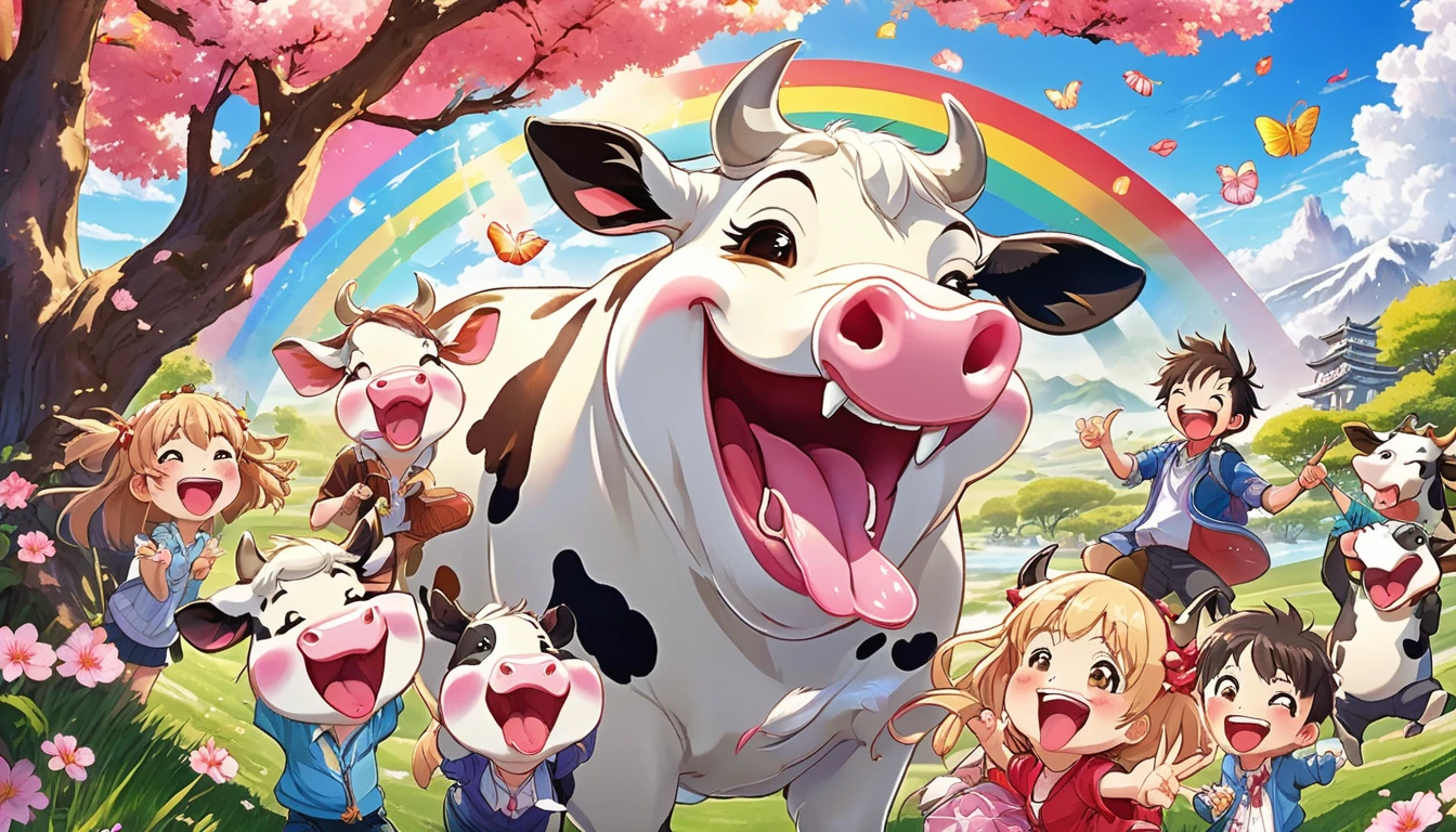 A vibrant and humorous scene with a group of laughing anime-style characters surrounding a comically exaggerated cow with spiraled eyes and a large, drooling tongue. The characters display various expressions of amusement, some pointing and laughing, others covering their mouths. The background features a bright, colorful sky with radiant sun rays, blossoming cherry trees, and a rainbow. The setting appears to be a park or outdoor area with lush green grass. The characters wear casual modern clothing, with vivid colors and detailed textures. The overall style is highly saturated, energetic, and cartoonish, capturing a fun and playful atmosphere.
