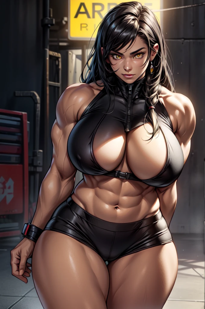 1girl, bodybuilder, muscular, pale skin, black hair, very long hair, yellow eyes, long abs, curvy, wide hips, thick thighs, huge breasts, grey background, best quality, 4k, 8k, highres, masterpiece:1.2, ultra-detailed, realistic, photorealistic, photo-realistic:1.37, HDR, UHD, studio lighting, ultra-fine painting, sharp focus, physically-based rendering, extreme detail description, professional, vivid colors, bokeh