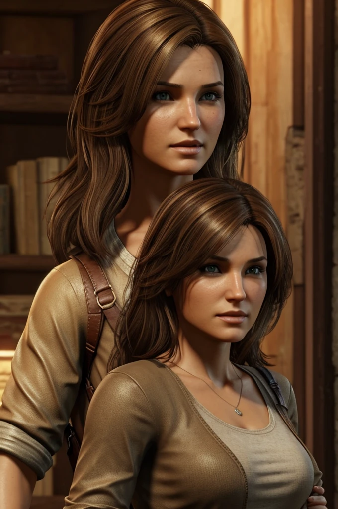 make a 38 year old woman with light brown hair, attractive, similar to Amber Head, with character design from the game uncharted