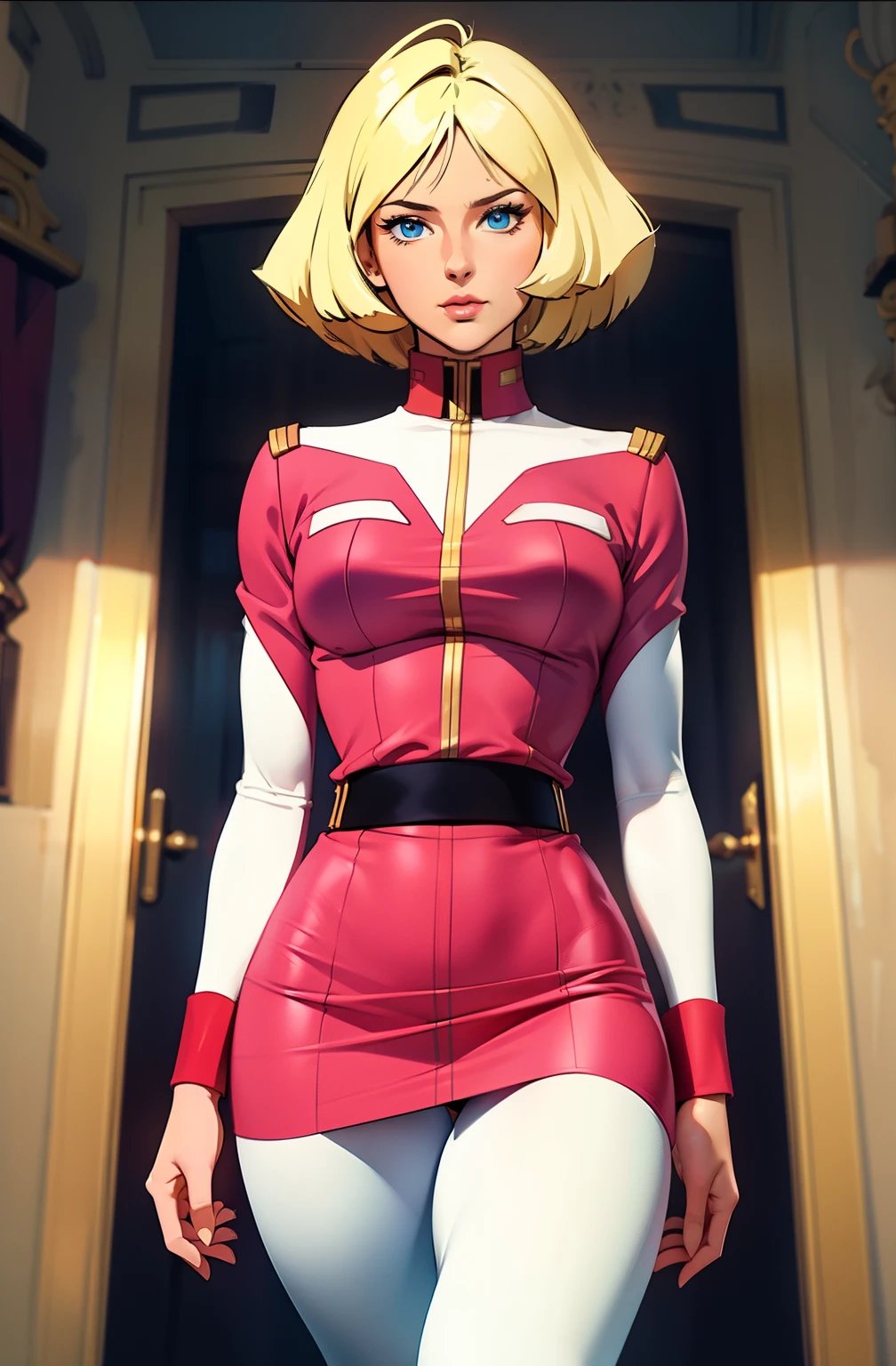 ((masterpiece)), ((cinematic lighting)), realistic photo、Real Images、Top image quality、1girl in, sayla mass, Elegant, masterpiece, Convoluted, slim arms, wide hips, thick thighs, thigh gaps, Best Quality, absurderes, high face detail, Perfect eyes, mature, Cowboy Shot, , Vibrant colors, soft pink uniform, soft pink Skirt, white tights