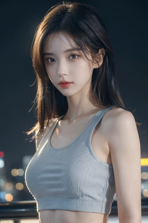 ((Best quality, 8K, Masterpiece :1.3)), Sharp focus :1.2, perfect figure beautiful woman:1.4, Slim abs:1.2, ((Layered Hair Style:1.2)), (Tank top shirt:1.1 ), (city night scene:1.2), Highly detailed facial and skin texture, A detailed eye, double eyelid