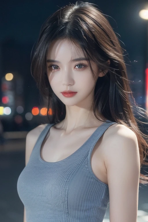 ((Best quality, 8K, Masterpiece :1.3)), Sharp focus :1.2, perfect figure beautiful woman:1.4, Slim abs:1.2, ((Layered Hair Style:1.2)), (Tank top shirt:1.1 ), (city night scene:1.2), Highly detailed facial and skin texture, A detailed eye, double eyelid