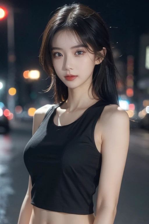 ((Best quality, 8K, Masterpiece :1.3)), Sharp focus :1.2, perfect figure beautiful woman:1.4, Slim abs:1.2, ((Layered Hair Style:1.2)), (Tank top shirt:1.1 ), (city night scene:1.2), Highly detailed facial and skin texture, A detailed eye, double eyelid