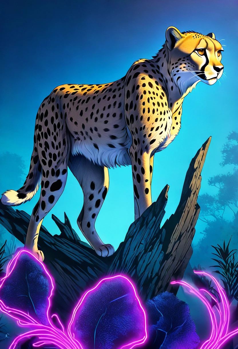 cheetah, surrealism, hyperrealistic, detailed fur texture, realistic anatomy, dynamic pose, dreamlike background, vibrant colors, dramatic lighting, mystical atmosphere, (best quality,8k,highres,masterpiece:1.2),ultra-detailed,(realistic,photorealistic,photo-realistic:1.37)