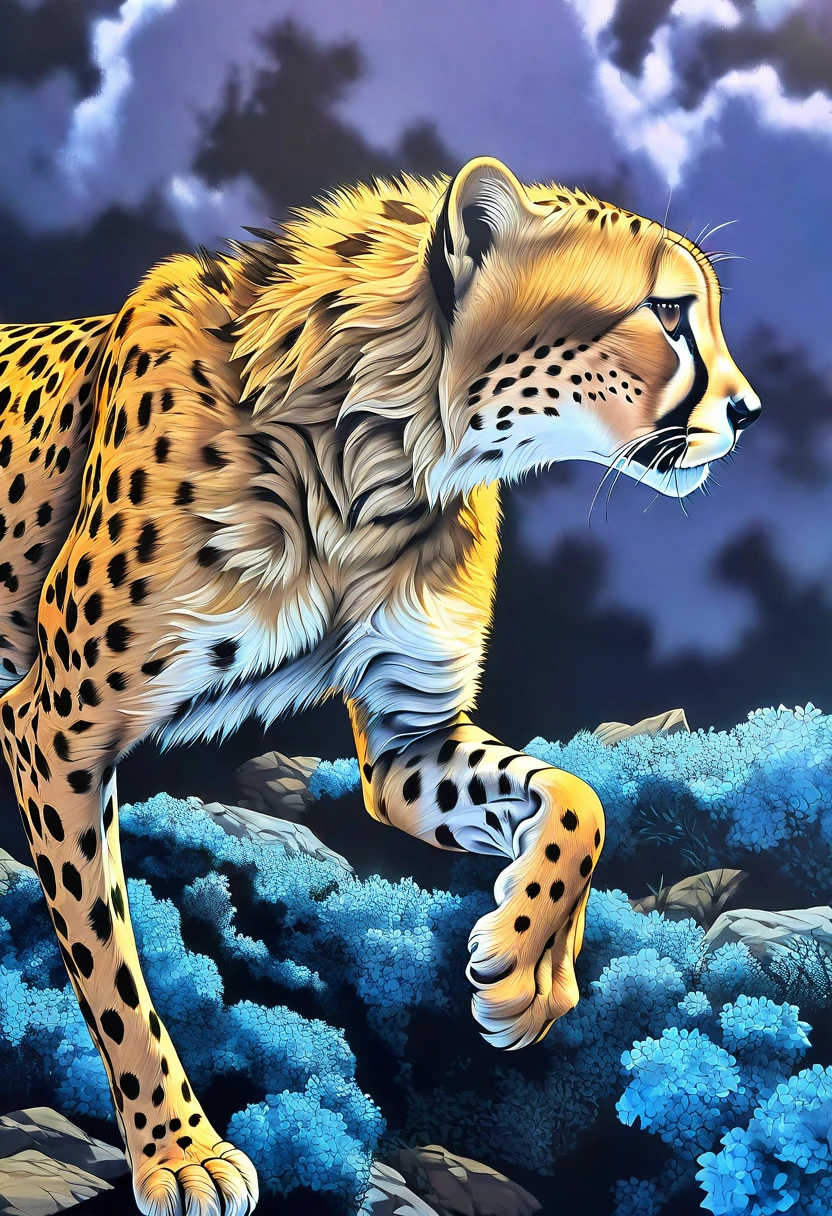 cheetah, surrealism, hyperrealistic, detailed fur texture, realistic anatomy, dynamic pose, dreamlike background, vibrant colors, dramatic lighting, mystical atmosphere, (best quality,8k,highres,masterpiece:1.2),ultra-detailed,(realistic,photorealistic,photo-realistic:1.37)