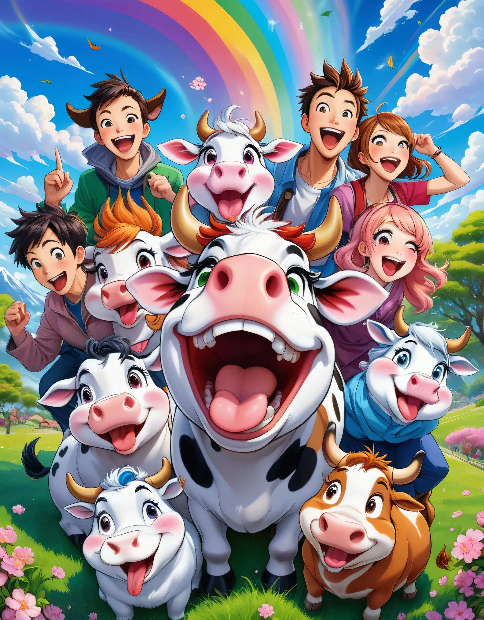 A vibrant and humorous scene with a group of laughing anime-style characters surrounding a comically exaggerated cow with spiraled eyes and a large, drooling tongue. The characters display various expressions of amusement, some pointing and laughing, others covering their mouths. The background features a bright, colorful sky with radiant sun rays, blossoming cherry trees, and a rainbow. The setting appears to be a park or outdoor area with lush green grass. The characters wear casual modern clothing, with vivid colors and detailed textures. The overall style is highly saturated, energetic, and cartoonish, capturing a fun and playful atmosphere.