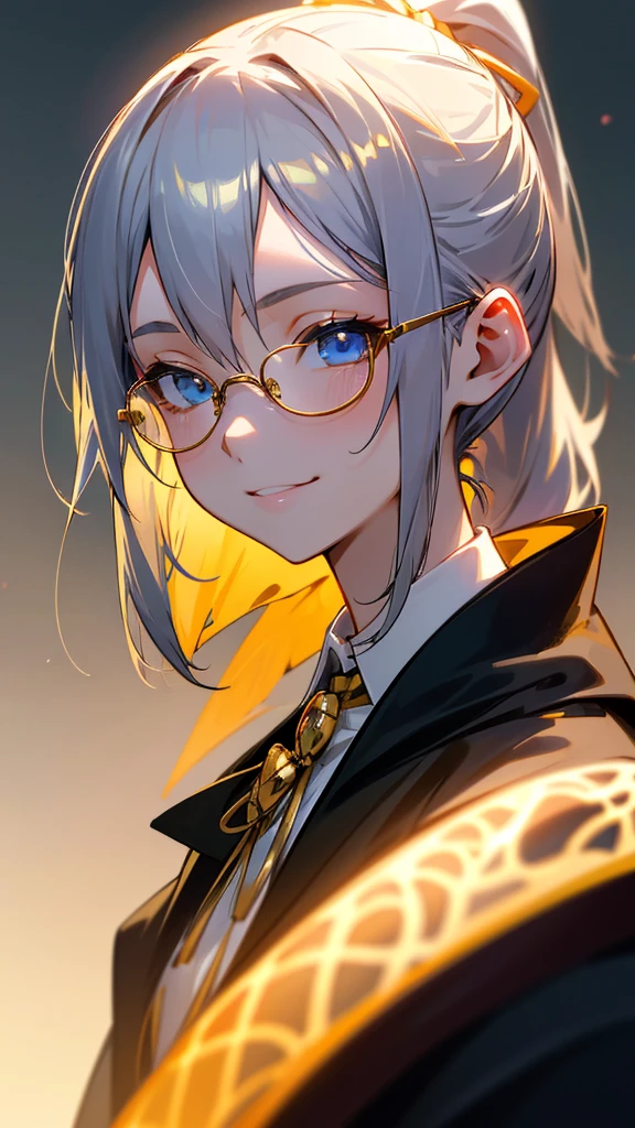 1 Girl、、Sharp focus、(Bokeh) (Highest quality) (Detailed skin:1.3) (Intricate details) (anime)、Silver Hair、ponytail、Gold Glasses、blue eyes、Black coat、White shirt、Upper body close-up、small yellow ribbon around the neck、smile、smile、Park in the background、sunset、Soft lighting.