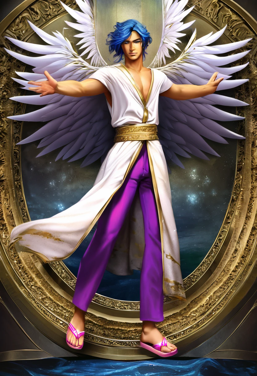 ((Angel)), Masculine, tall, graceful with an ethereal presence, middle-aged man, front view, tanned, smooth, radiant, healthy skin, bright, navy blue eyes, with highlights, ((wearing a flowing golden robe with green details)), serene smile, mouth semi-open, peaceful expression, navy blue hair, wavy and haloed, shiny, detailed, (((orange earrings))), elegant, (((purple pants))), ((((pink sandals)))), many accessories, full body, holding a glowing staff, heavenly background with clouds and light beams, celestial, illuminated, 8k quality, extremely detailed, masterpiece, high resolution, realistic skin texture, hyper realistic, increase resolution, raw photos, best quality, highly detailed, background screen, cinematic lighting, ray trace, golden ratio, dynamic angle, looking at viewer, in an angelic pose, best posture, ((full body)), (((radiant wings))), emphasizing his masculine features and presence.