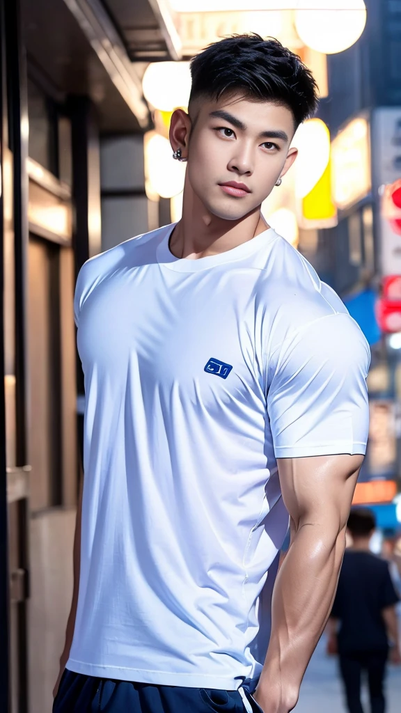 korea male male model, big muscles, handsome, cool, smoothly combed hair, pierced ears, wearing a t-shirt navy top, holding a lollipop, portraiture, modeling, dynamic pose, Japanese street, late at night, store lights trade, full half body shot