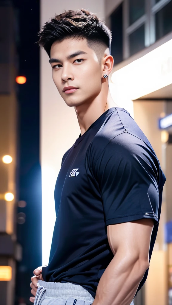 korea male male model, big muscles, handsome, cool, smoothly combed hair, pierced ears, wearing a t-shirt navy top, holding a lollipop, portraiture, modeling, dynamic pose, Japanese street, late at night, store lights trade, full half body shot