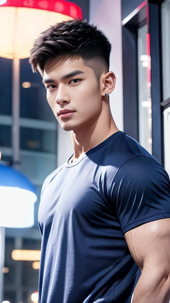 korea male male model, big muscles, handsome, cool, smoothly combed hair, pierced ears, wearing a t-shirt navy top, holding a lollipop, portraiture, modeling, dynamic pose, Japanese street, late at night, store lights trade, full half body shot