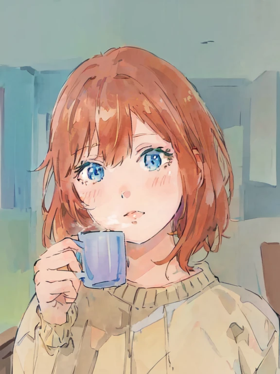 Redhead anime girl holding a coffee cup, Cute realistic portrait, Portrait of Rofi, Cute girl anime visuals, Soft anime illustration, Lo-fi Girl, sayori, Painted in an anime artist's studio, Smooth anime CG art, Mysterious Coffee Shop Girl, Drinking coffee, Digital anime illustration, Semi-realistic anime style, Anime girl drinking energy drink, Cel-shaded style
