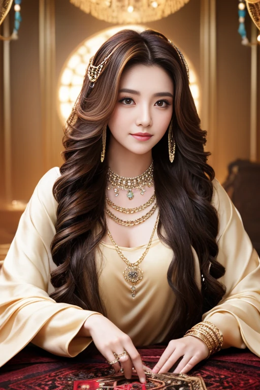 Beautiful gypsy female tarot card reader looking at me with super crazy hairstyles, beautiful long hairs, crazy long hairs, super long hairs, long hair, crazy long hairs, super long hairs , Long wavy hairstyle