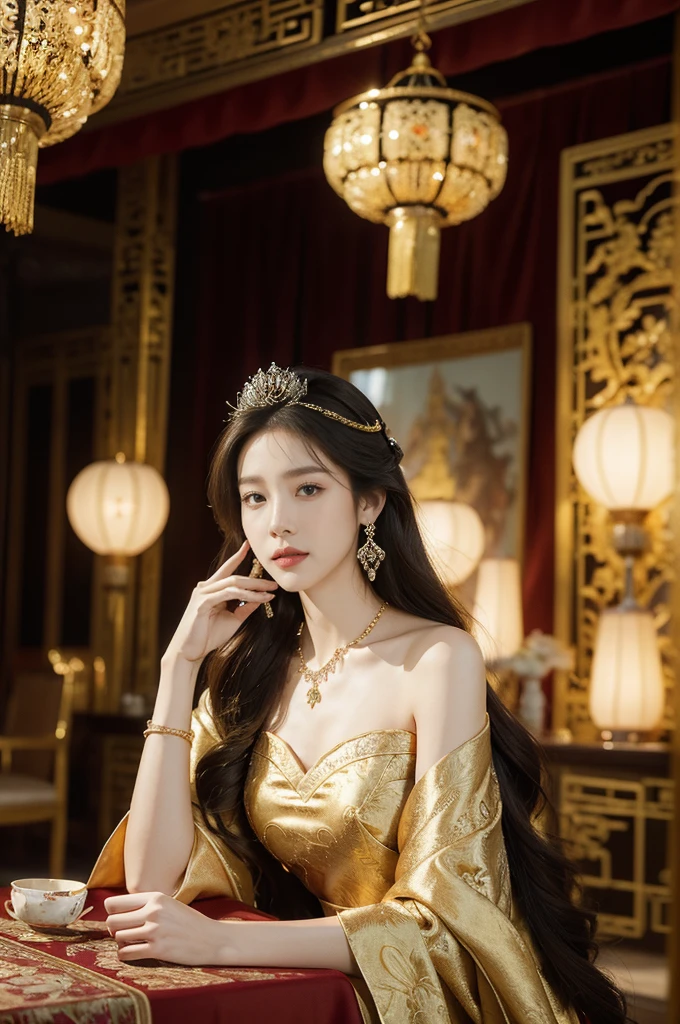 (((best quality))),(((ultra detailed))),(((masterpiece))),illustration,1 girl,solo,slim,thin,shoulder length straight bob hair,earrings,necklace,flat chest,Asian appearance,princess,royal,Chinese palace,night scene,magnificent dragon gown,golden crown,intricate embroidery,luxurious fabric,precious stones,sitting on a metallic throne,decorative patterns,rich decorations,luxurious furnishings,regal charm,beautiful face,gentle smile,bright eyes,historical,traditional,city lights,modernity,frozen moment,beauty of the past,evolution of time,from front,upper body
