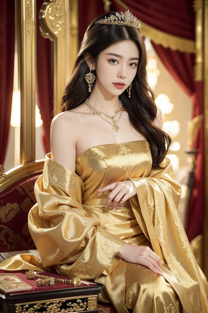 (((best quality))),(((ultra detailed))),(((masterpiece))),illustration,1 girl,solo,slim,thin,shoulder length straight bob hair,earrings,necklace,flat chest,Asian appearance,princess,royal,Chinese palace,night scene,magnificent dragon gown,golden crown,intricate embroidery,luxurious fabric,precious stones,sitting on a metallic throne,decorative patterns,rich decorations,luxurious furnishings,regal charm,beautiful face,gentle smile,bright eyes,historical,traditional,city lights,modernity,frozen moment,beauty of the past,evolution of time,from front,upper body