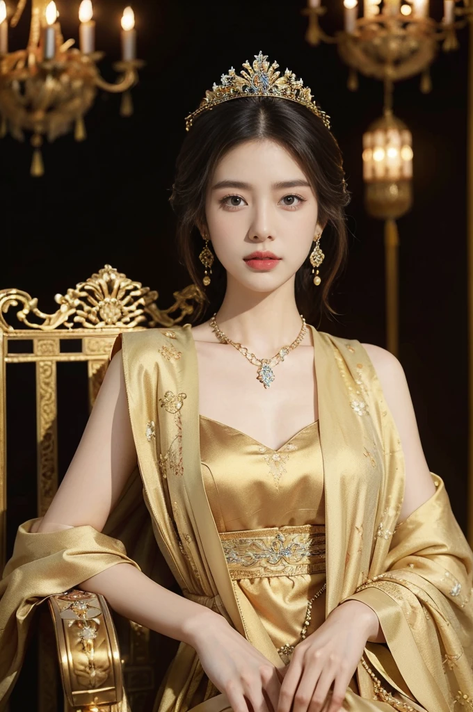 (((best quality))),(((ultra detailed))),(((masterpiece))),illustration,1 girl,solo,slim,thin,shoulder length straight bob hair,earrings,necklace,flat chest,Asian appearance,princess,royal,Chinese palace,night scene,magnificent dragon gown,golden crown,intricate embroidery,luxurious fabric,precious stones,sitting on a metallic throne,decorative patterns,rich decorations,luxurious furnishings,regal charm,beautiful face,gentle smile,bright eyes,historical,traditional,city lights,modernity,frozen moment,beauty of the past,evolution of time,from front,upper body