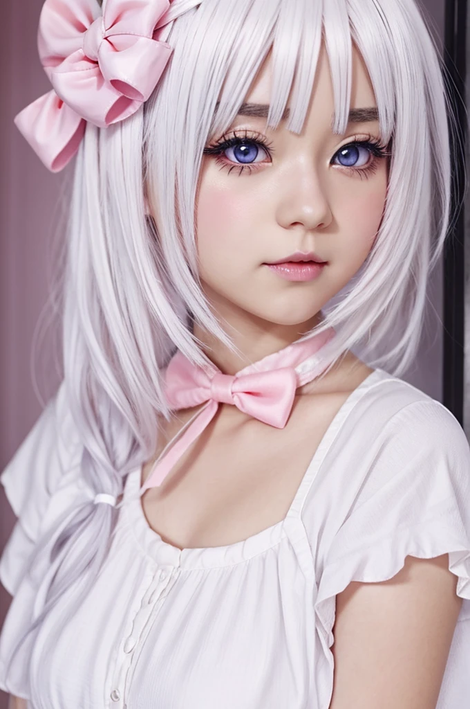 Anime girl white hair pink and white eyes have 2 bow cute 
