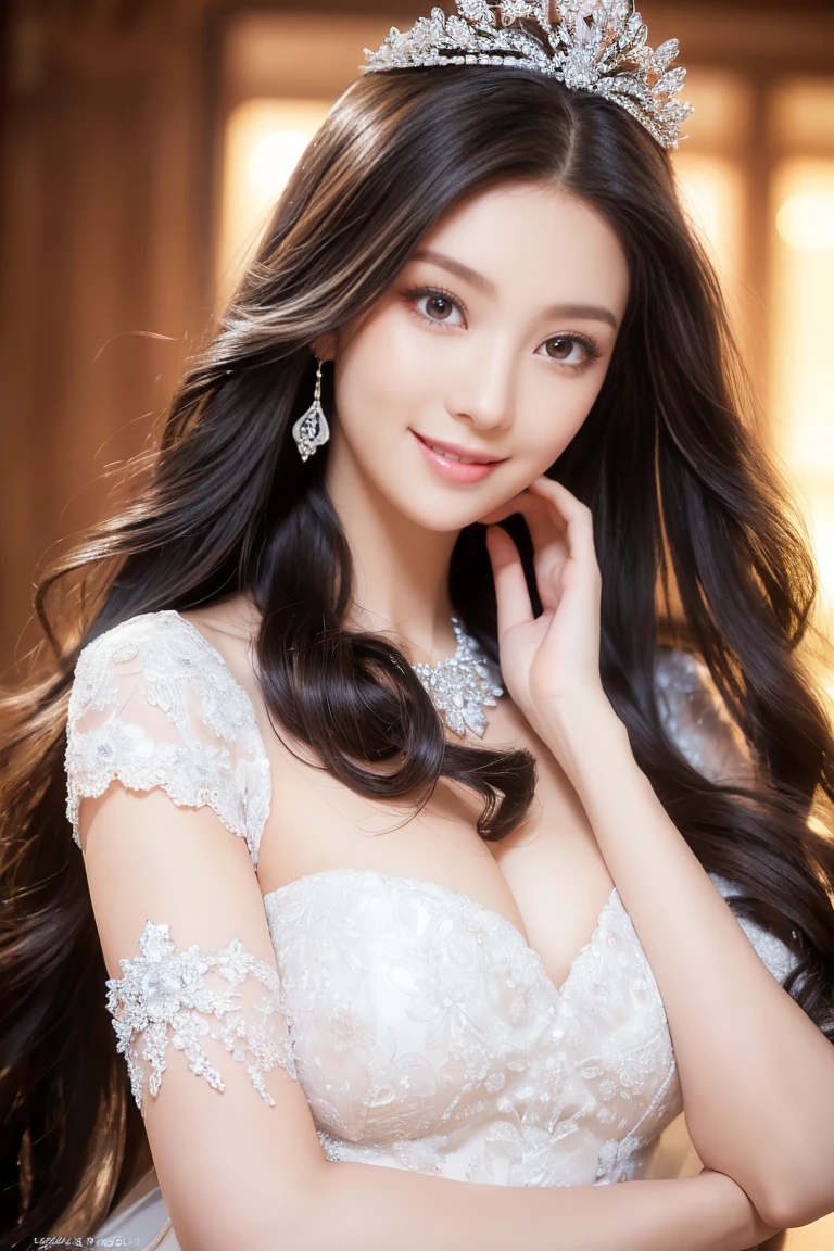 (highest quality、Tabletop、8k、Best image quality、Award-winning works)、One beautiful bride、(alone:1.1)、(The most extravagant and gorgeous huge wedding dresses:1.1)、(Perfect Wedding Lace:1.2)、(The most extravagant and luxurious giant tiara:1.1)、(The most extravagant and luxurious giant necklace:1.1)、The most beautiful smile is looking at me、A wide selection of the finest jewellery、(Bridal upper body photo:1.1)、Perfect Makeup、Long eyelashes、Ultra HD Shining Eyes、Ultra HD Hair、Ultra High Resolution Glossy Lips、Ultra High Resolution Perfect Teeth、Beautiful face in ultra-high definition、(Accurate anatomy:1.1)、(Very bright and beautiful skin:1.2)、(very bright and vivid:1.2)、(Blurred fresh natural background:1.1), ((( super crazy hairstyles, beautiful long hairs, crazy long hairs, super long hairs, long hair, crazy long hairs, super long hairs , Long wavy hairstyle)))