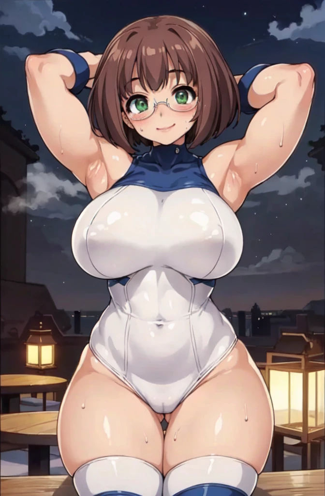 ((Table t○p, Highest quality, High Resolution、Anime Screen Capture、Pixel Perfect, 8K)))、Perfect Anat○my、((((Muscular))))、(((Huge breasts、Wide Hips、Wide thighs)))、(B○th armpits、Place your hands behind your head、Kneel)、((Navy Blue Bodysuit))、((vapor、Sweat)), vap○r,(Green Eyes)、((Bobcut、Brown Hair、Single Braid)),  ((smile))、Glasses、(Embarrassing、blush)、(Night in the city)、from the front