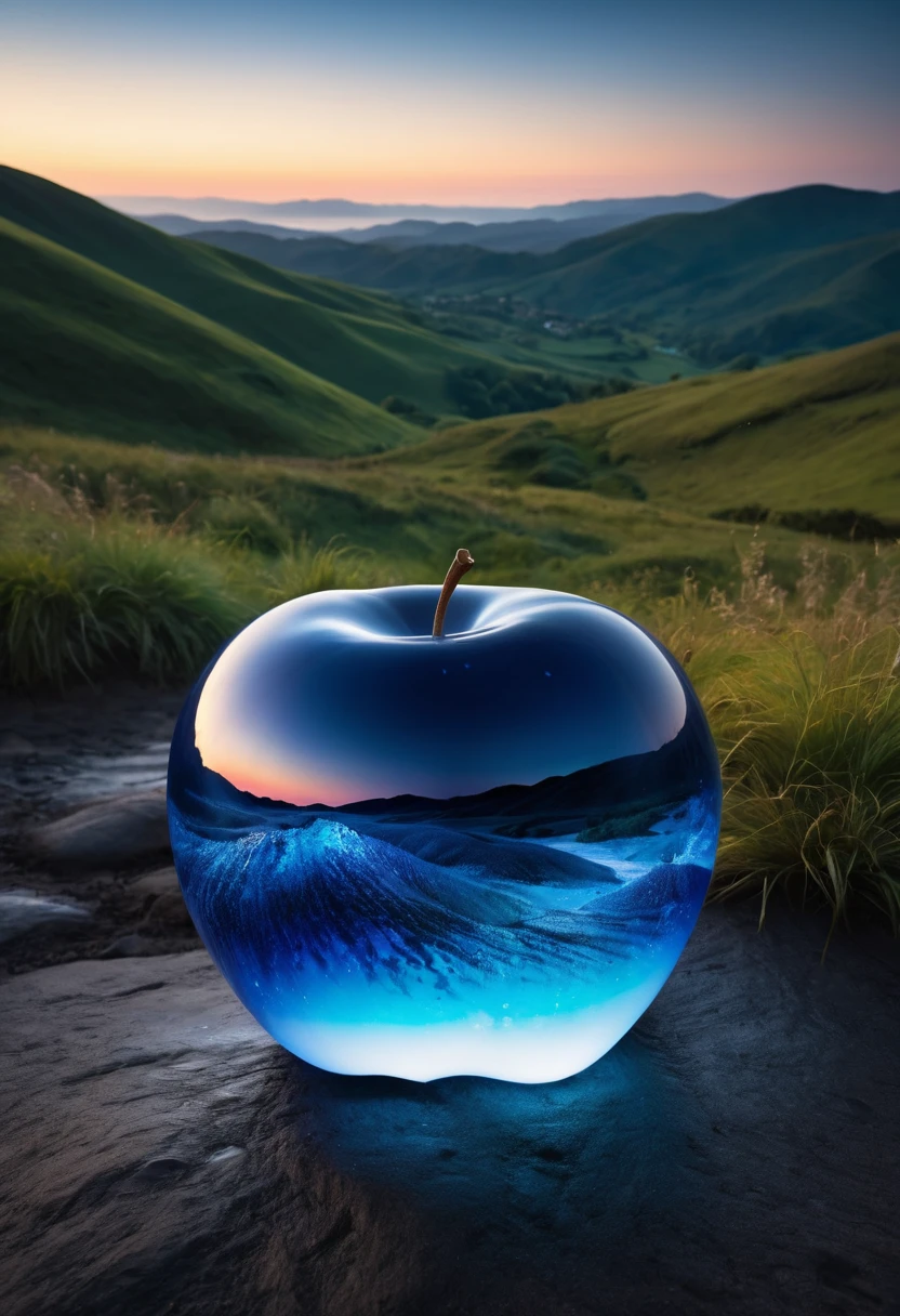(8k digital nature photography:1.2),
(an idyllic landscape:1.1) with hills in the distance,
shiny sapphire (see-through:1.2) apple ,
bioluminescent