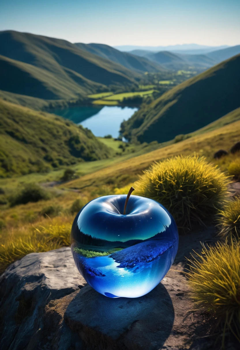 (8k digital nature photography:1.2),
(an idyllic landscape:1.1) with hills in the distance,
shiny sapphire (see-through:1.2) apple ,
bioluminescent