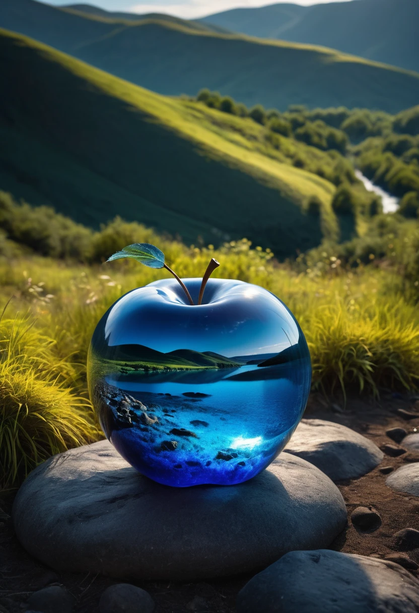 (8k digital nature photography:1.2),
(an idyllic landscape:1.1) with hills in the distance,
shiny sapphire (see-through:1.2) apple ,
bioluminescent