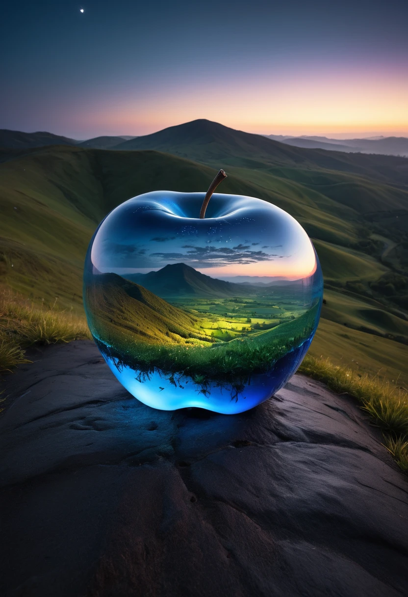 (8k digital nature photography:1.2),
(an idyllic landscape:1.1) with hills in the distance,
shiny sapphire (see-through:1.2) apple ,
bioluminescent