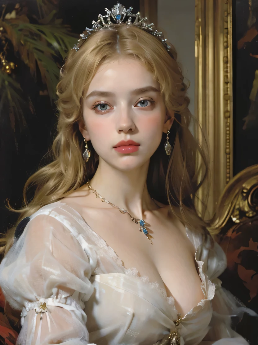 ((masterpiece、Highest quality、Very detailed、High resolution、Realistic、Sharp focus))、((Stunningly beautiful blonde woman、(Mid Shot)、Brightness of the face))、High contrast、High saturation、Stunning and gorgeous painting、Marie Antoinette、Gorgeous dress、crown、necklace、Fantasy Portrait、Long Hair、Earrings、blue eyes、Detailed hand drawing、The background is a medieval room、oil painting