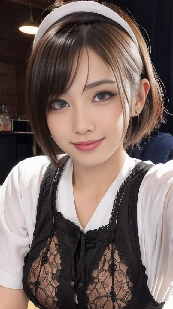 (Sexual climax:1.75),(ecstasy:2.0),short hair,Part-time job at a bar,((Wearing laced negurije:2.0)),16 year-old,(1 Ultra cute Japan girl:1.5),(Detailed face,ultra detailed eyes, incredible Beautiful eyes,symmetry eyes:2.0),(Natural Makeup,smile,open mouth:1.5)