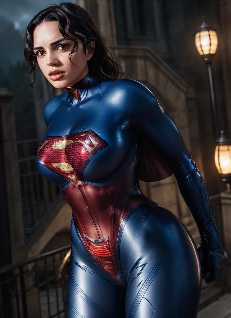 a beautiful woman in a tight latex catsuit and corset, supergirl, looking directly at the camera, detailed skin texture, Fujifilm XT3 DSLR, 50mm lens, highres, 8k, photorealistic, cinematic lighting, dynamic pose, dramatic shadows, vivid colors, digital art