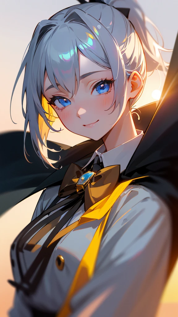 1 Girl、8K、Sharp focus、(Bokeh) (Highest quality) (Detailed skin:1.3) (Intricate details) (anime)、Silver Hair、ponytail、blue eyes、Black coat、White shirt、Upper body close-up、small yellow ribbon around the neck、smile、smile、Park in the background、sunset、Soft lighting.