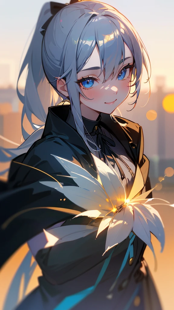 1 Girl、8K、Sharp focus、(Bokeh) (Highest quality) (Detailed skin:1.3) (Intricate details) (anime)、Silver Hair、ponytail、blue eyes、Black coat、White shirt、Upper body close-up、small yellow ribbon around the neck、smile、smile、Park in the background、sunset、Soft lighting.