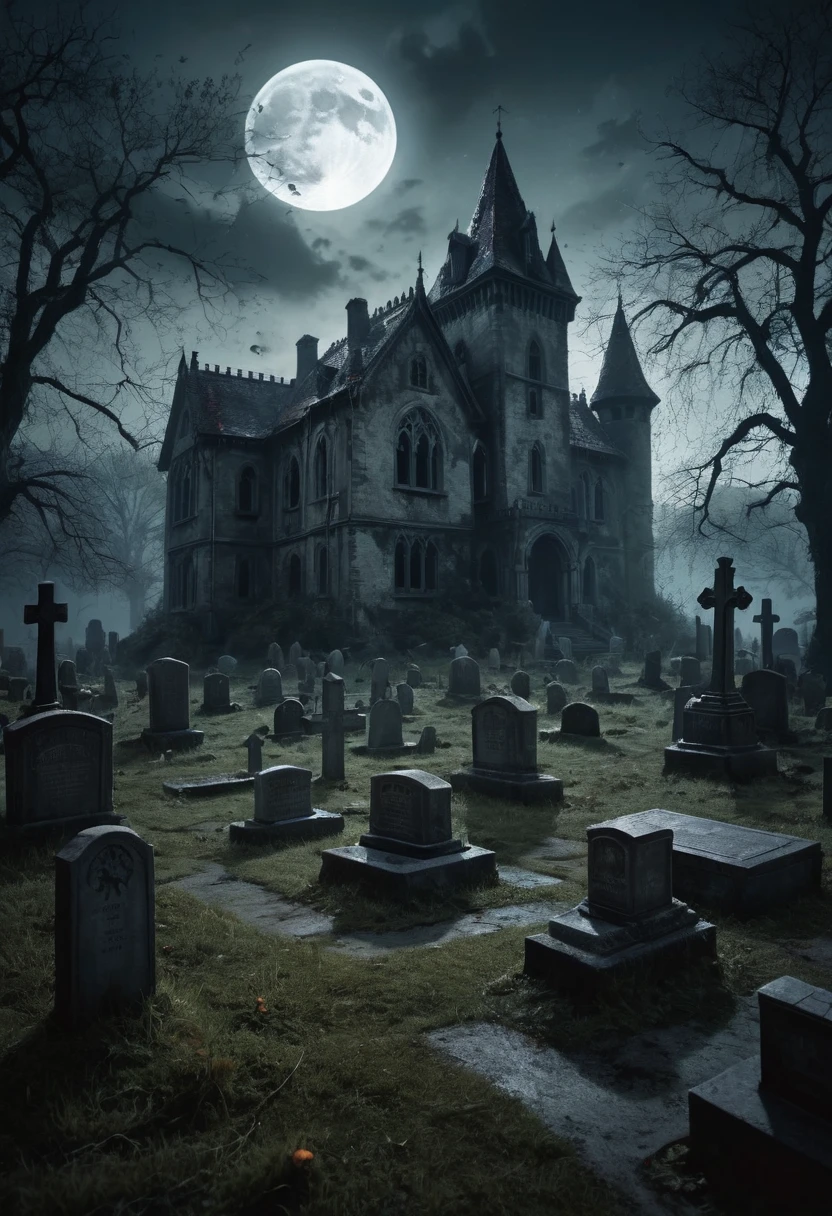 A dark, gothic horror landscape at night, with a full moon casting a pale light over a decrepit cemetery, (in the foreground a dead man mutilated rises from his grave:1.8). Sinister, glowing flora lines the old tombstones, and shadows move subtly as if haunted. The air is thick with a mysterious fog, and (ghostly apparitions can be seen in the distance:1.4), creating a chilling and ominous environment, a dark old castle on the background, (bats:0.5), ghosts . High detailed cinematic photo, breathtaking, dark shot, bokeh, photorealistic, 
shimmering digital colors, mixed media, textured paper, overlapping, asymmetrical, abstract, vibrant
many details, extreme detailed, full of details,
Wide range of colors.
Many details everywhere. soft shadows. Low saturation colors. Insane quality. Insane resolution. Insane details. Masterpiece. 32k resolution.
Dramatic,Dynamic,Cinematic,Sharp details
 