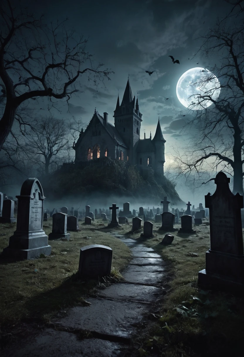 A dark, gothic horror landscape at night, with a full moon casting a pale light over a decrepit cemetery, (in the foreground a dead man mutilated rises from his grave:1.8). Sinister, glowing flora lines the old tombstones, and shadows move subtly as if haunted. The air is thick with a mysterious fog, and (ghostly apparitions can be seen in the distance:1.4), creating a chilling and ominous environment, a dark old castle on the background, (bats:0.5), ghosts . High detailed cinematic photo, breathtaking, dark shot, bokeh, photorealistic, 
shimmering digital colors, mixed media, textured paper, overlapping, asymmetrical, abstract, vibrant
many details, extreme detailed, full of details,
Wide range of colors.
Many details everywhere. soft shadows. Low saturation colors. Insane quality. Insane resolution. Insane details. Masterpiece. 32k resolution.
Dramatic,Dynamic,Cinematic,Sharp details
 